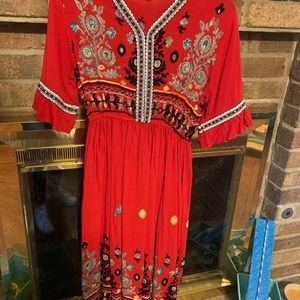 Red, colorful ethnic floral dress